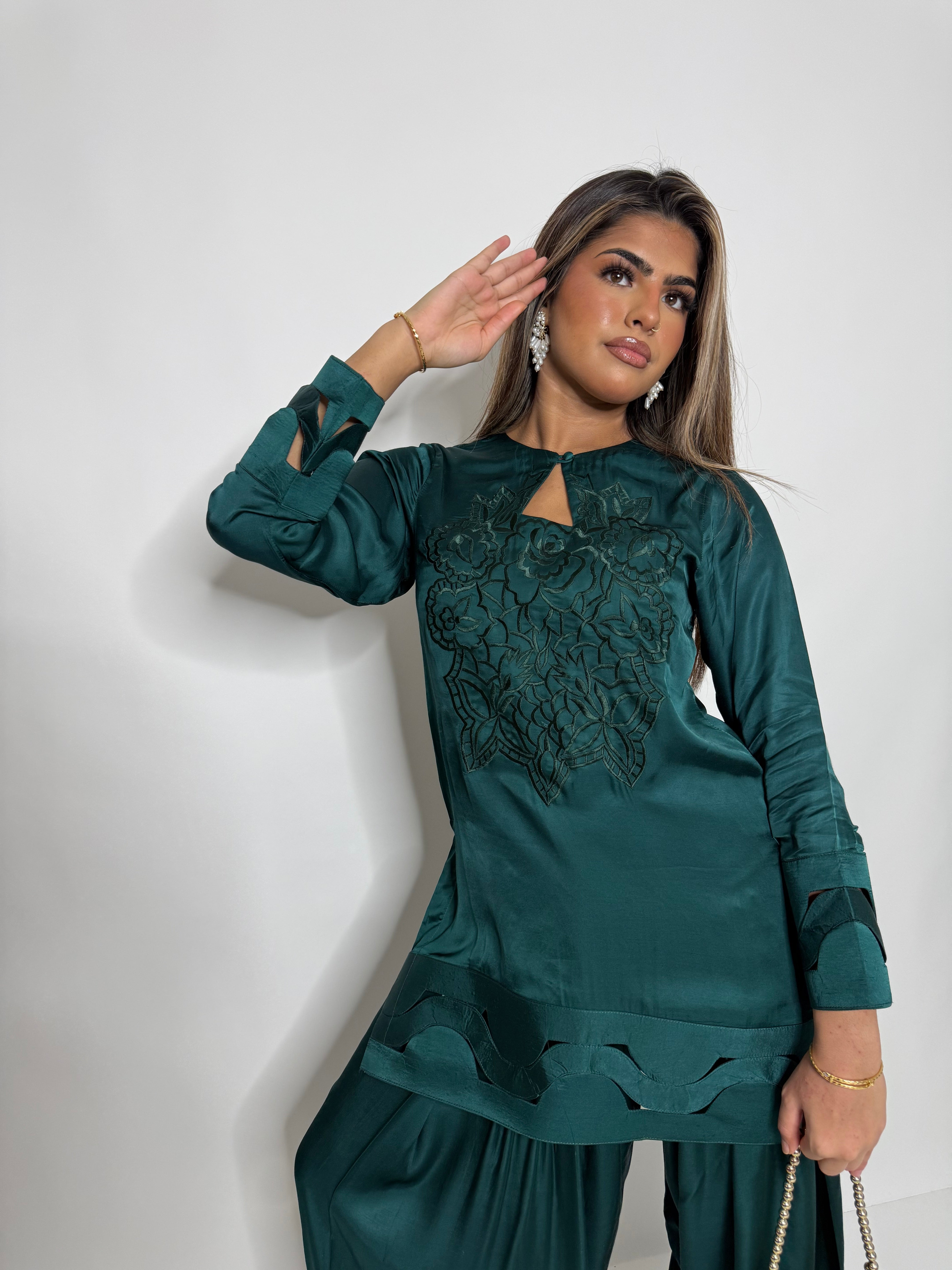 Cutwork detailing on cuffs and hem silk suit
