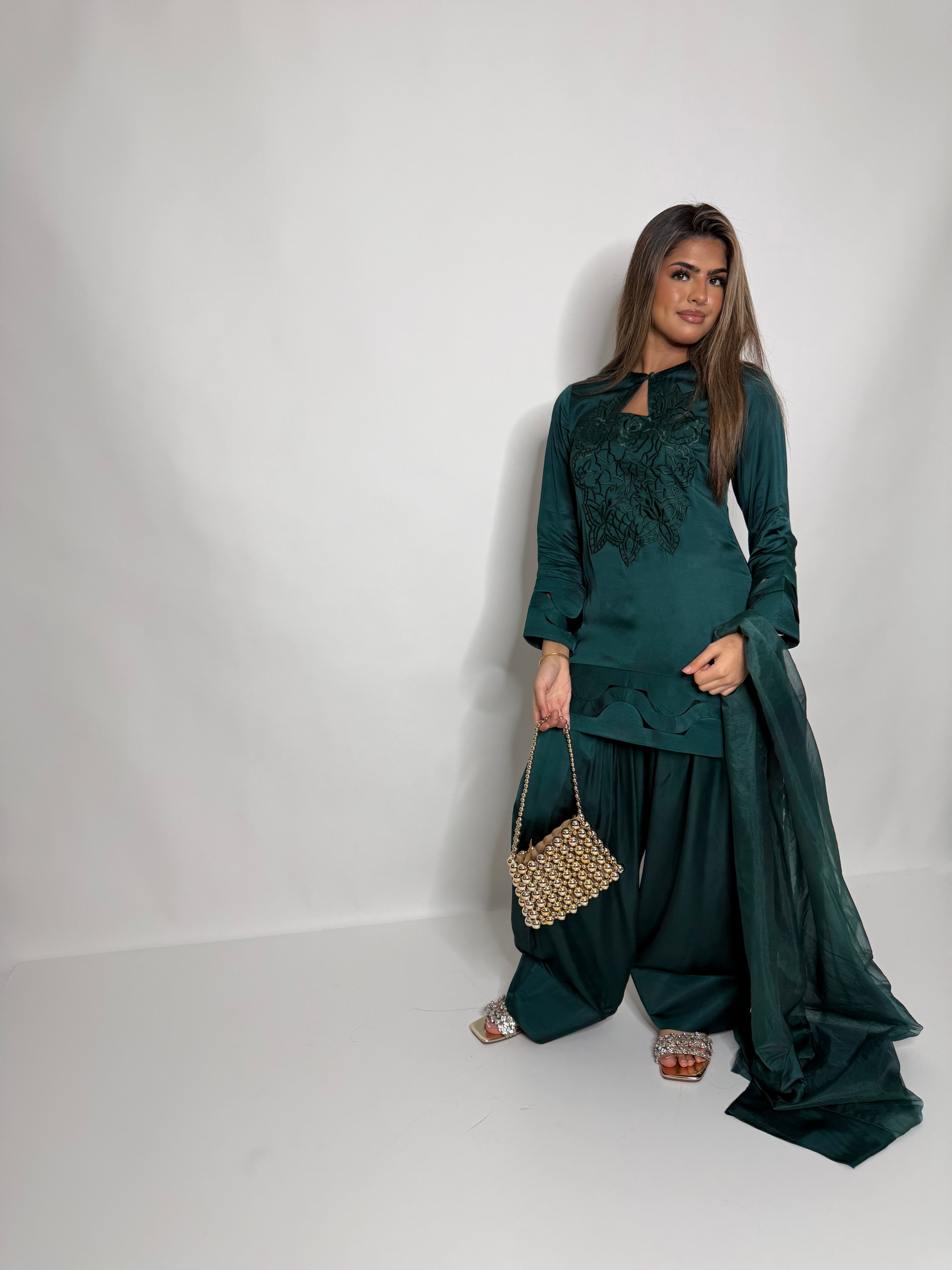 Organza dupatta styled with silk farshi suit