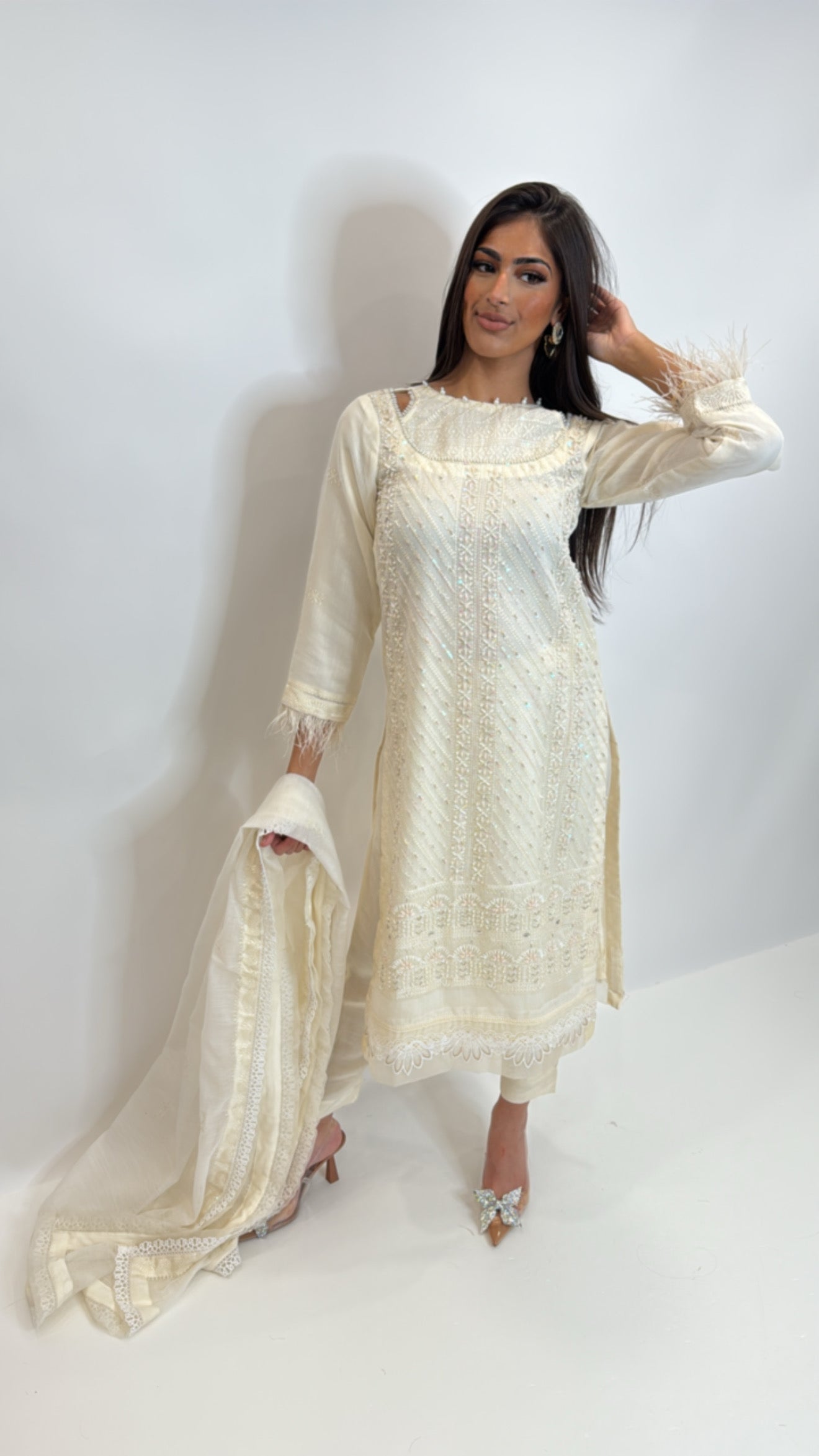 Eid outfit UK with soft feminine embroidered design.
