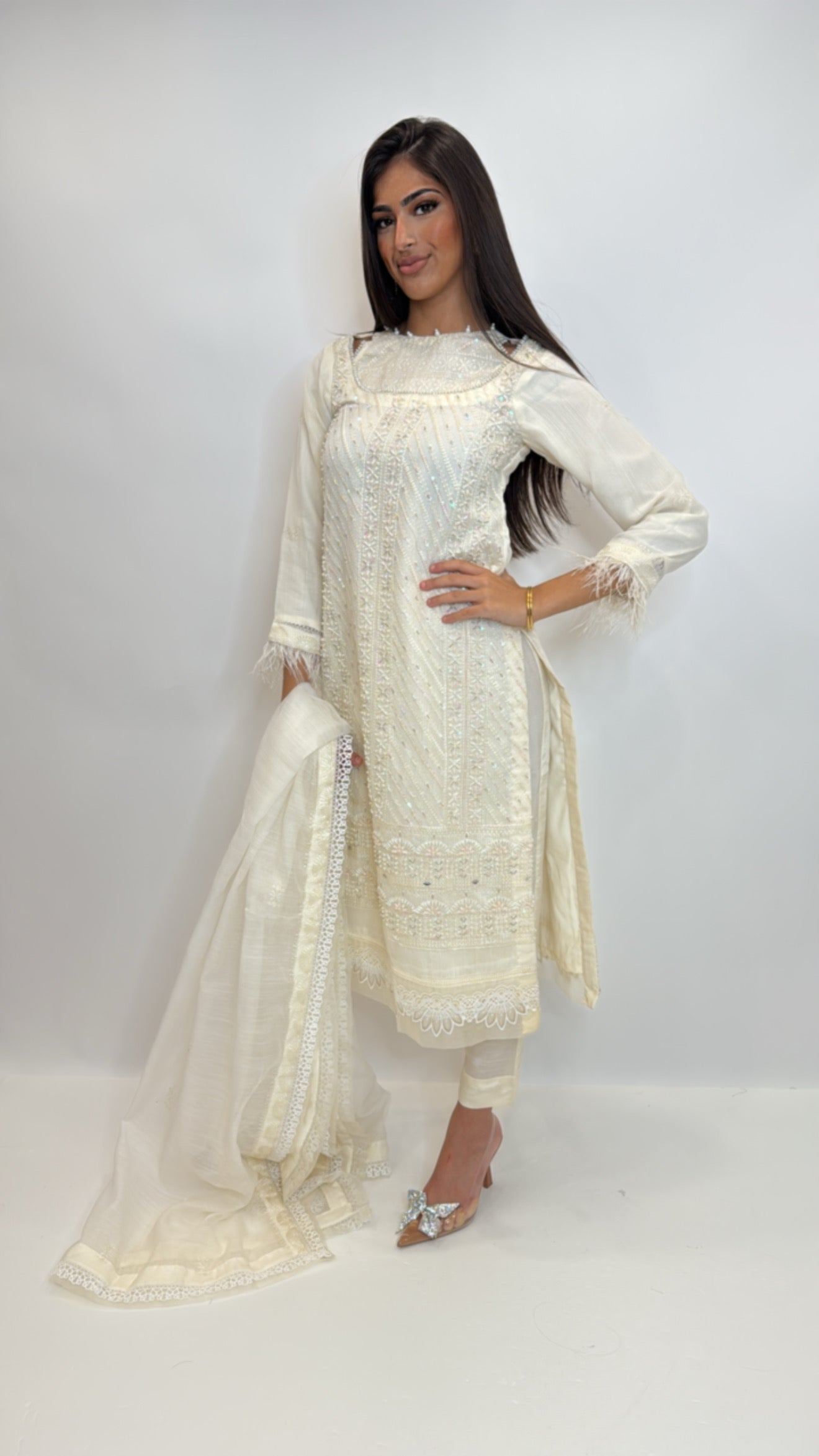 Full length khaki net Pakistani suit UK styled for Eid and nikkah events.