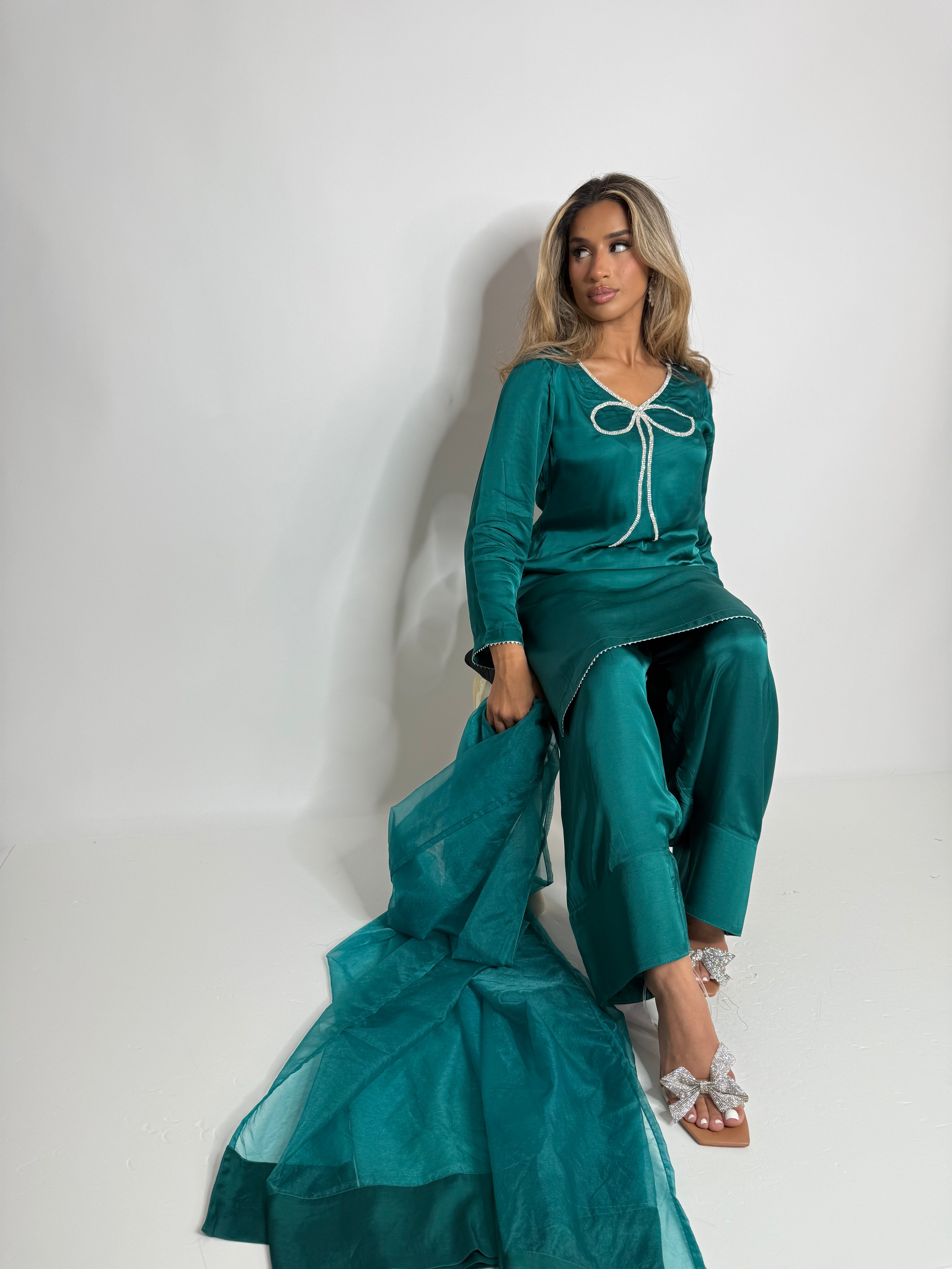 Emerald silk bow farshi shalwar set with organza dupatta UK