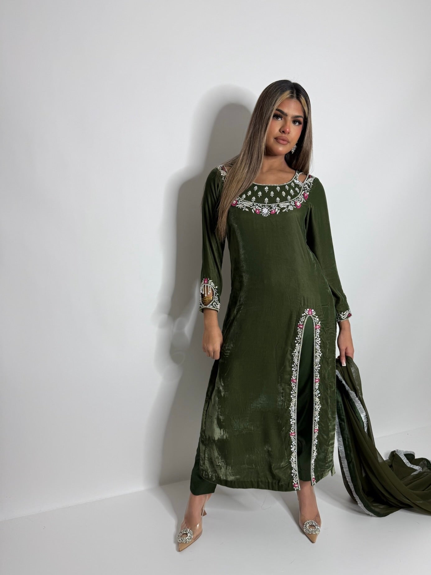 Heritage olive velvet wedding three piece suit UK