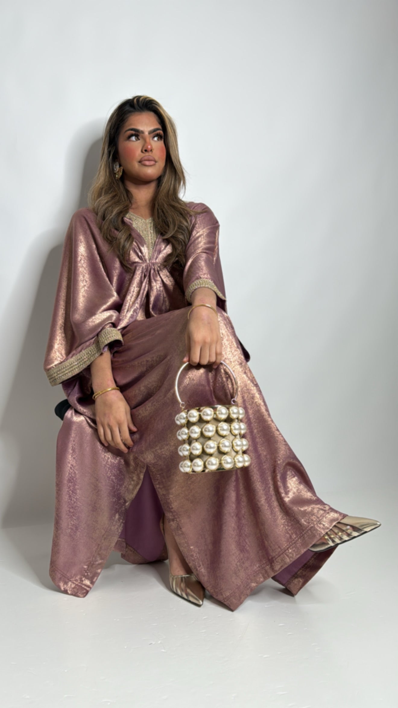 Shimmer silk pink kaftan sleeve cuff detail