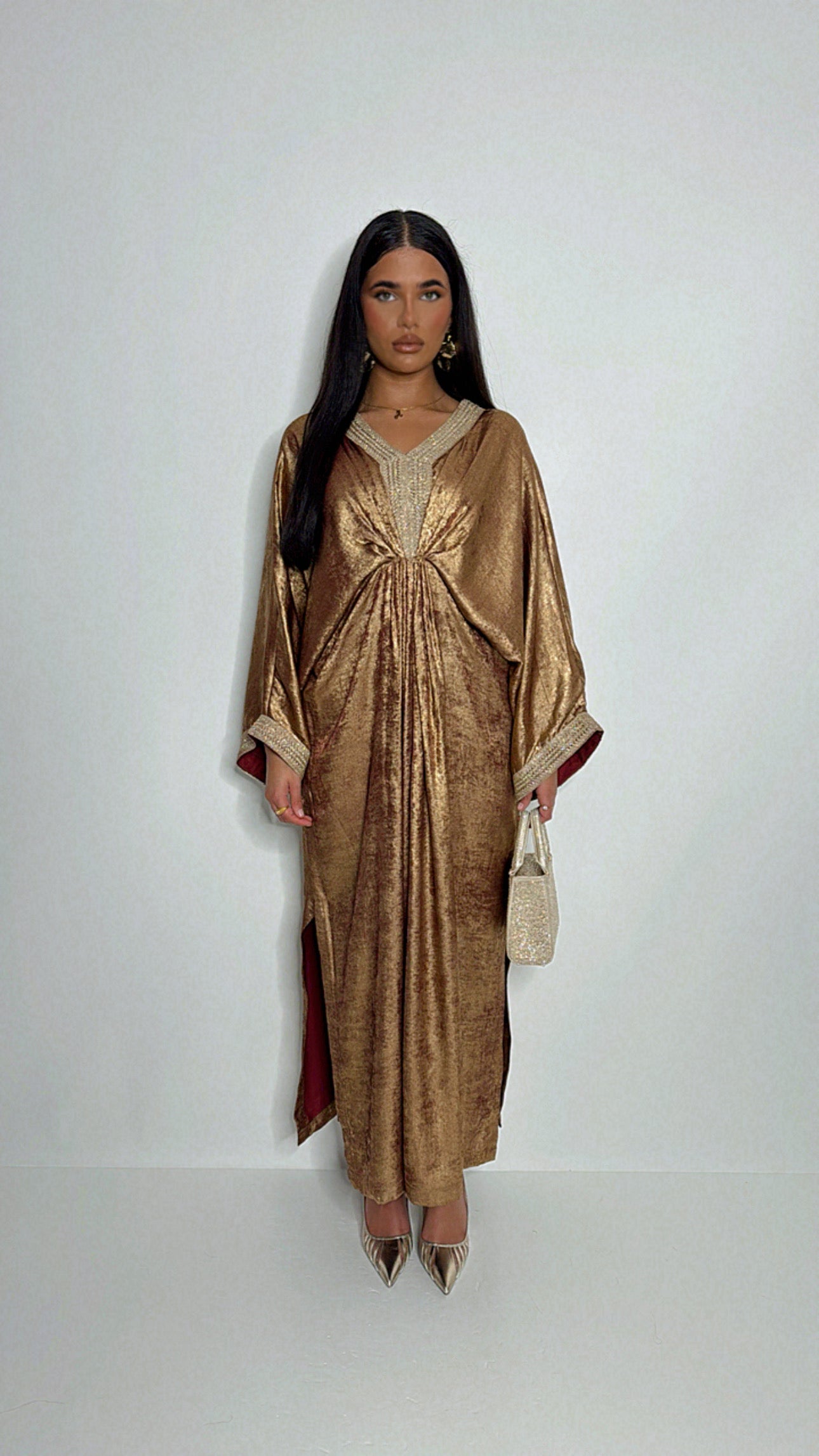 Bronze silk Eid kaftan outfit UK
