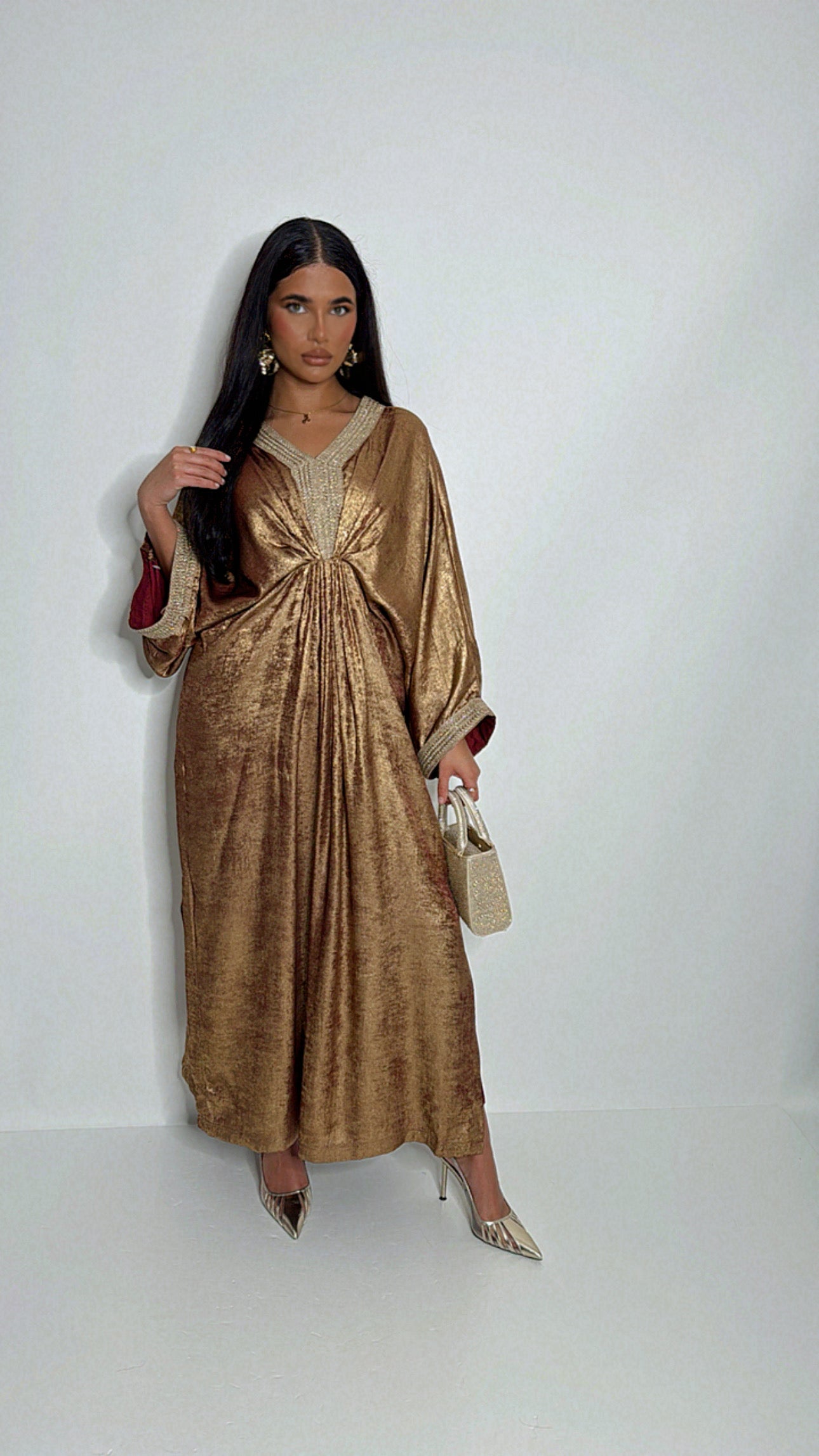 Bronze silk kaftan relaxed drape front gathering
