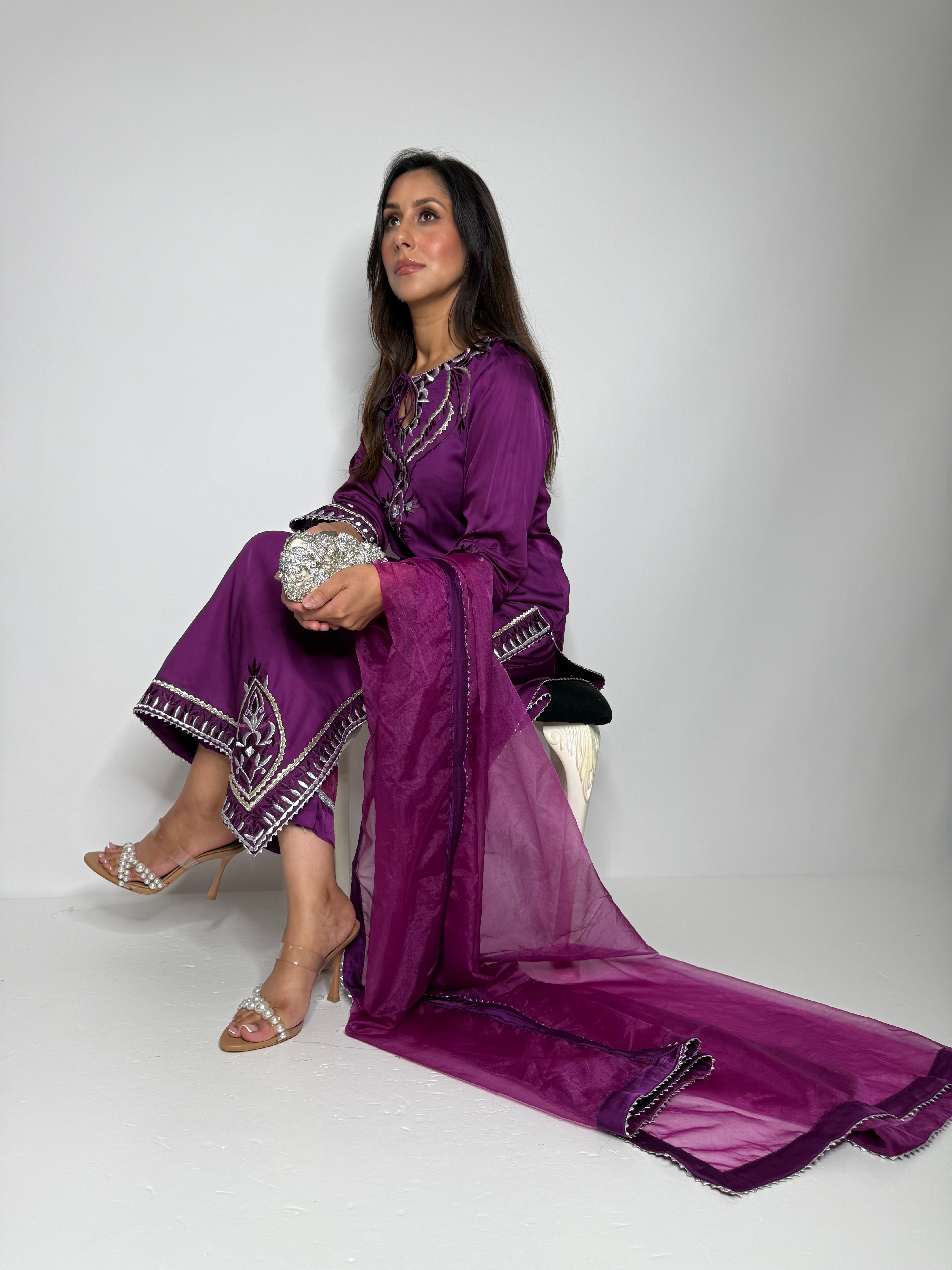 Plum silk embroidered 3 piece Pakistani suit UK