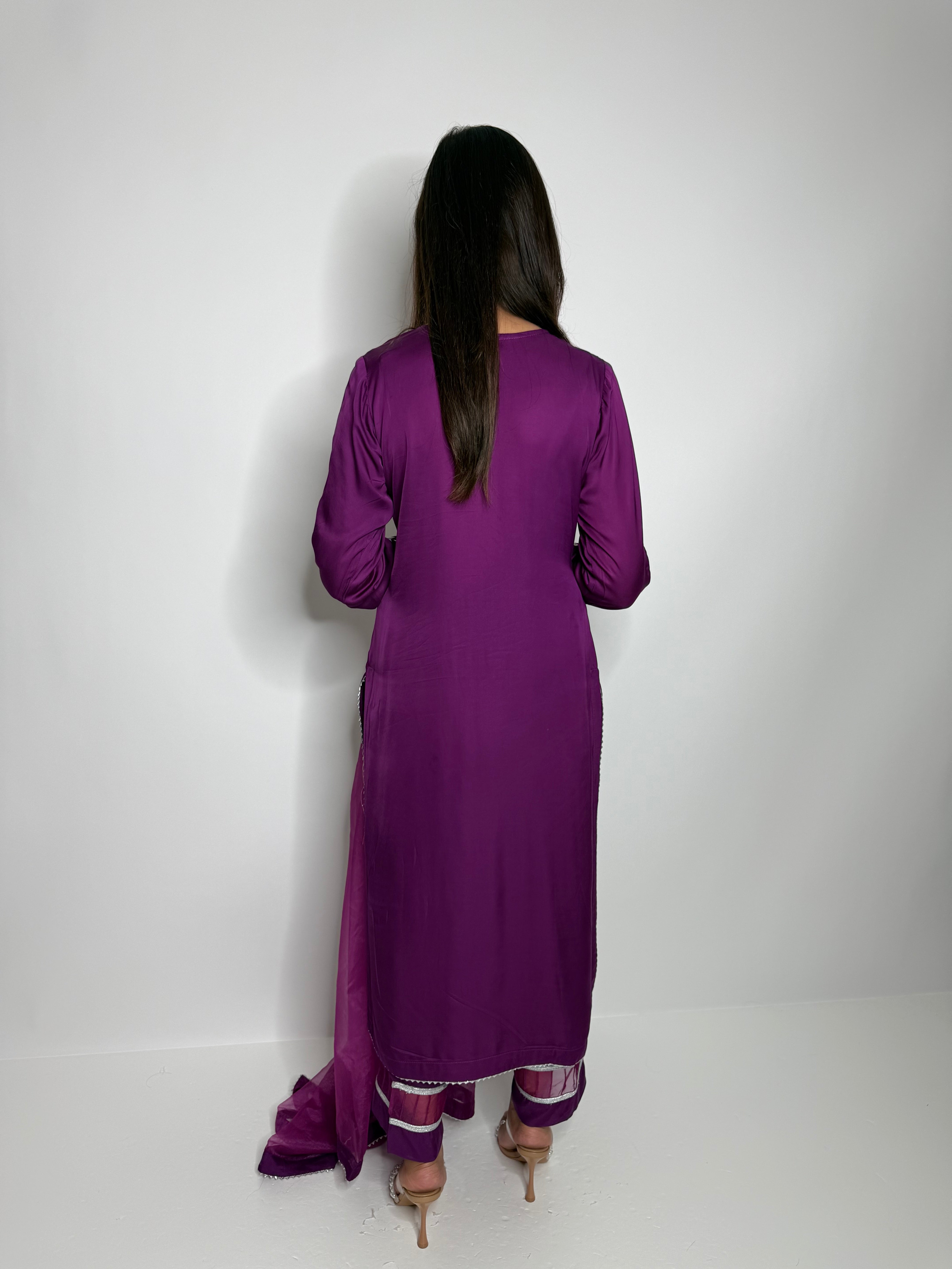 Ready to wear plum silk embroidered outfit UK
