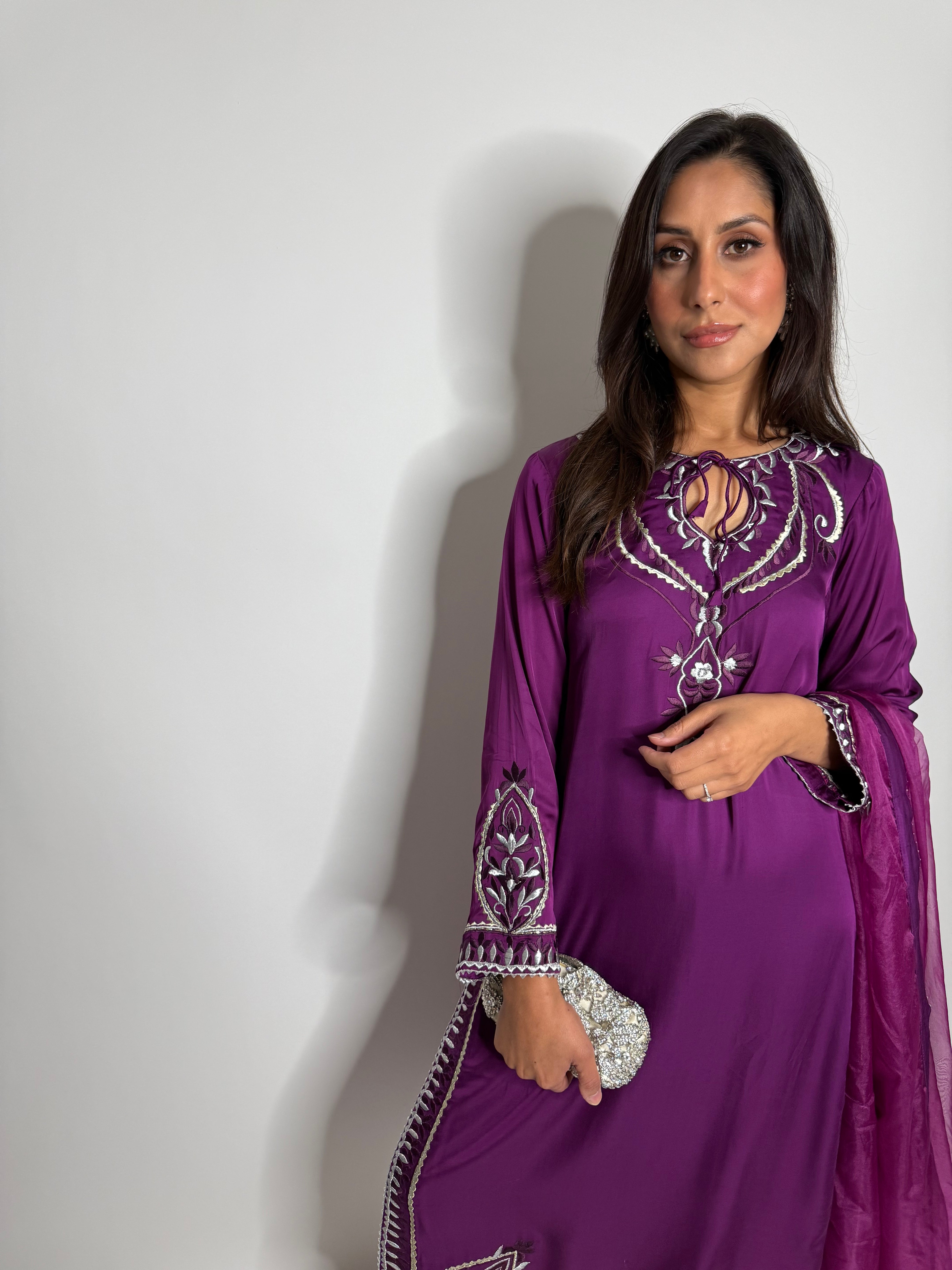 Elegant plum silk wedding guest suit UK
