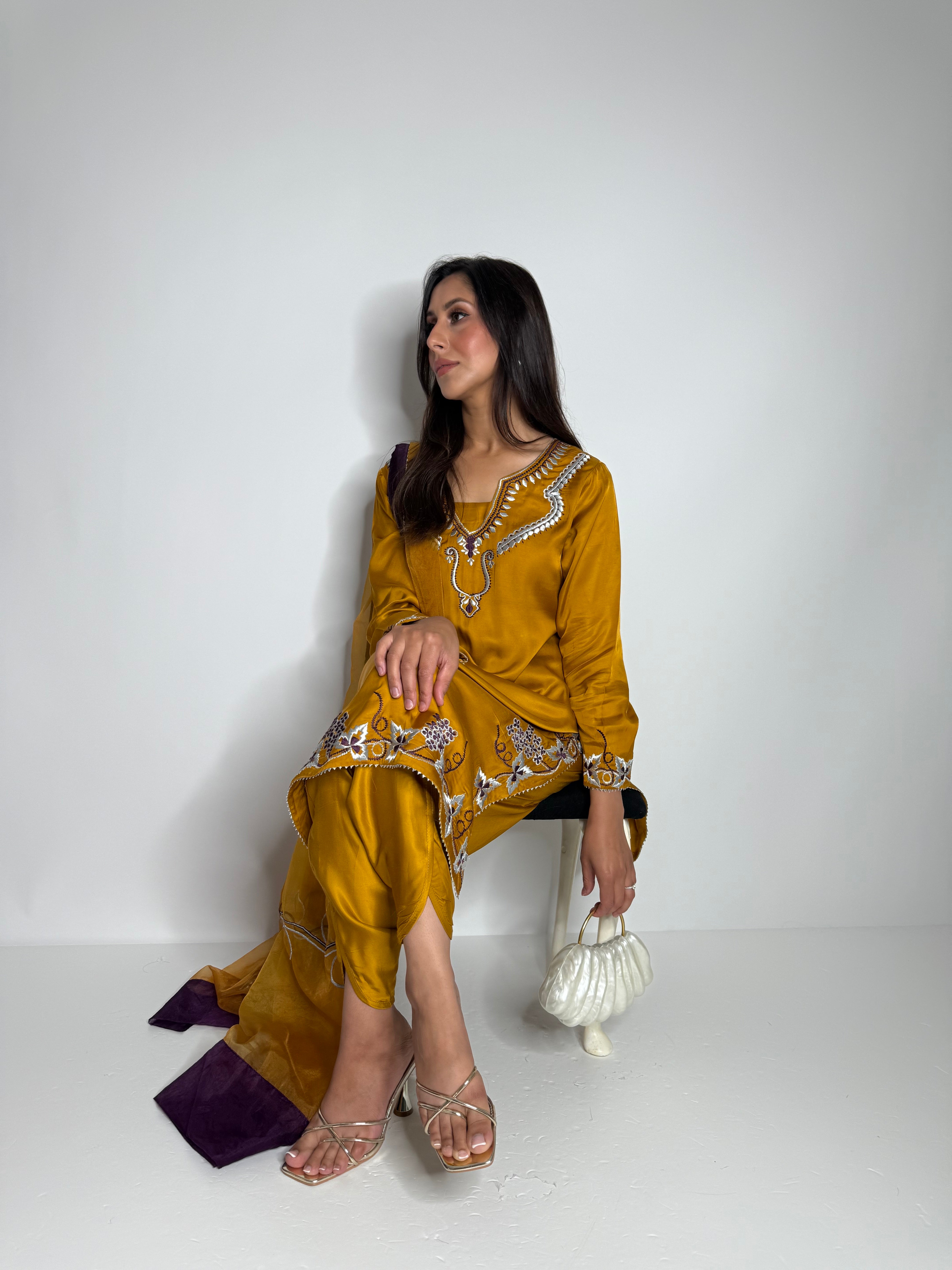Ready to wear mustard silk 3 piece suit