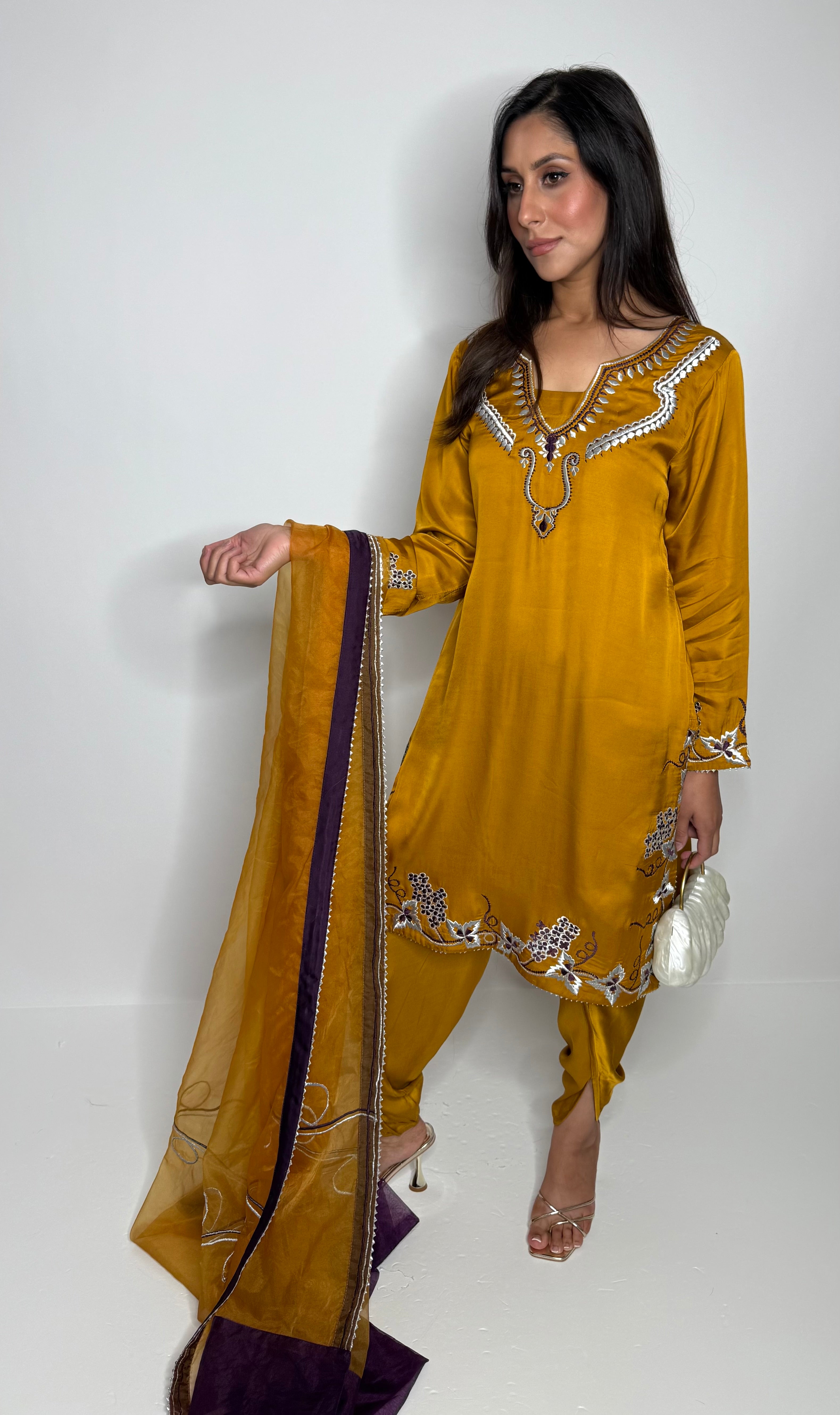 Mustard silk neckline threadwork detail