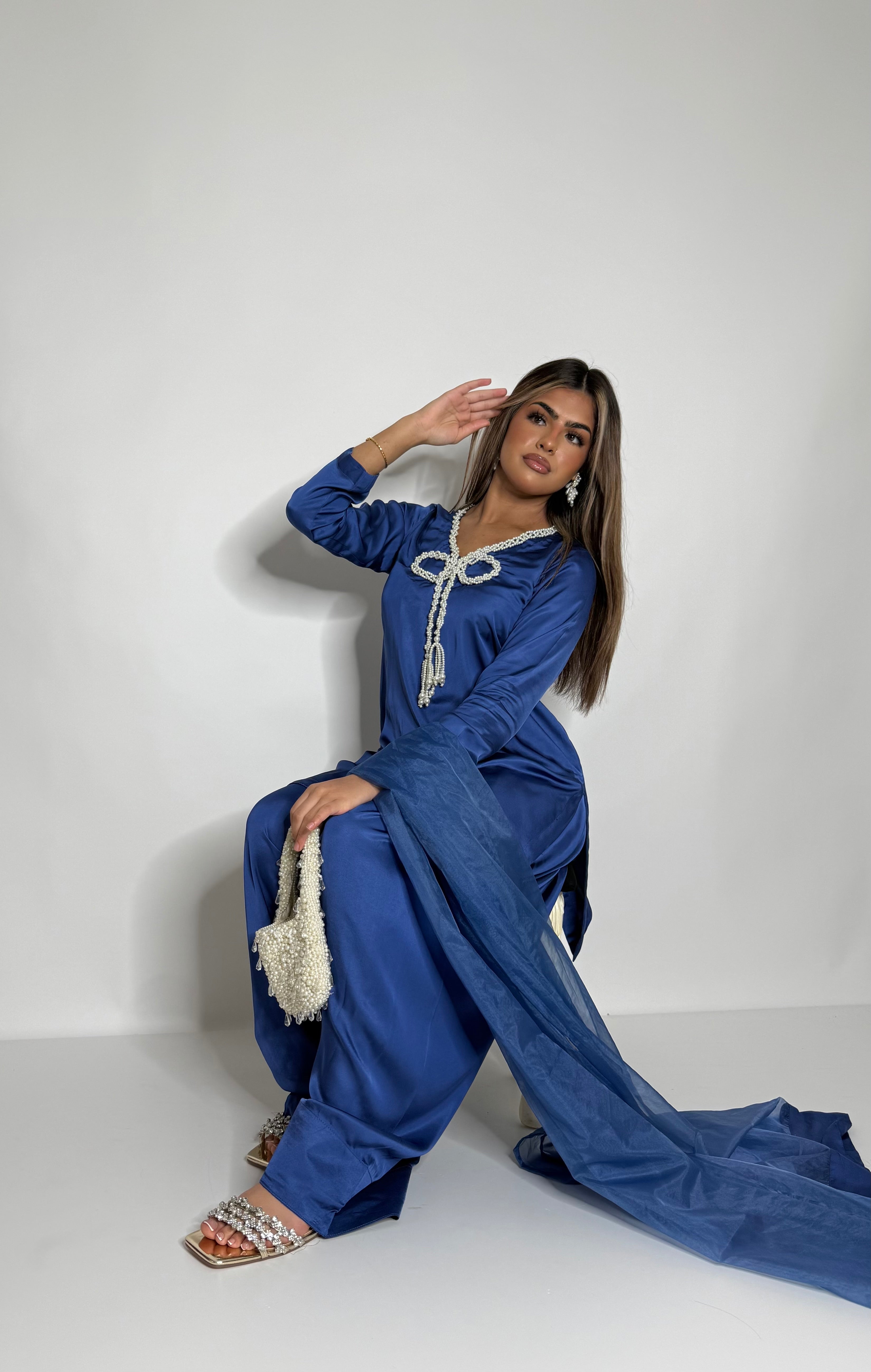Blue silk bow farshi three piece suit UK