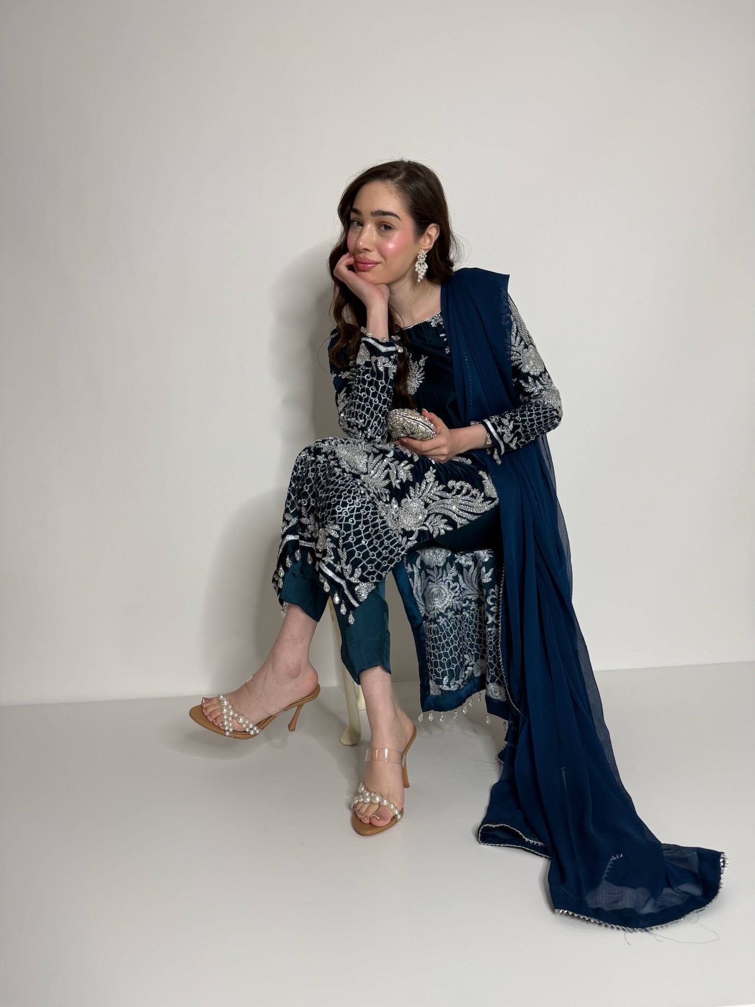Teal velvet cutdana three piece suit UK