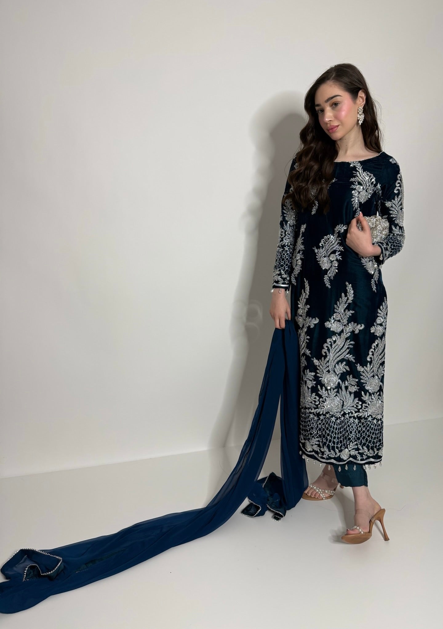Rich teal velvet fabric with cutdana embroidery