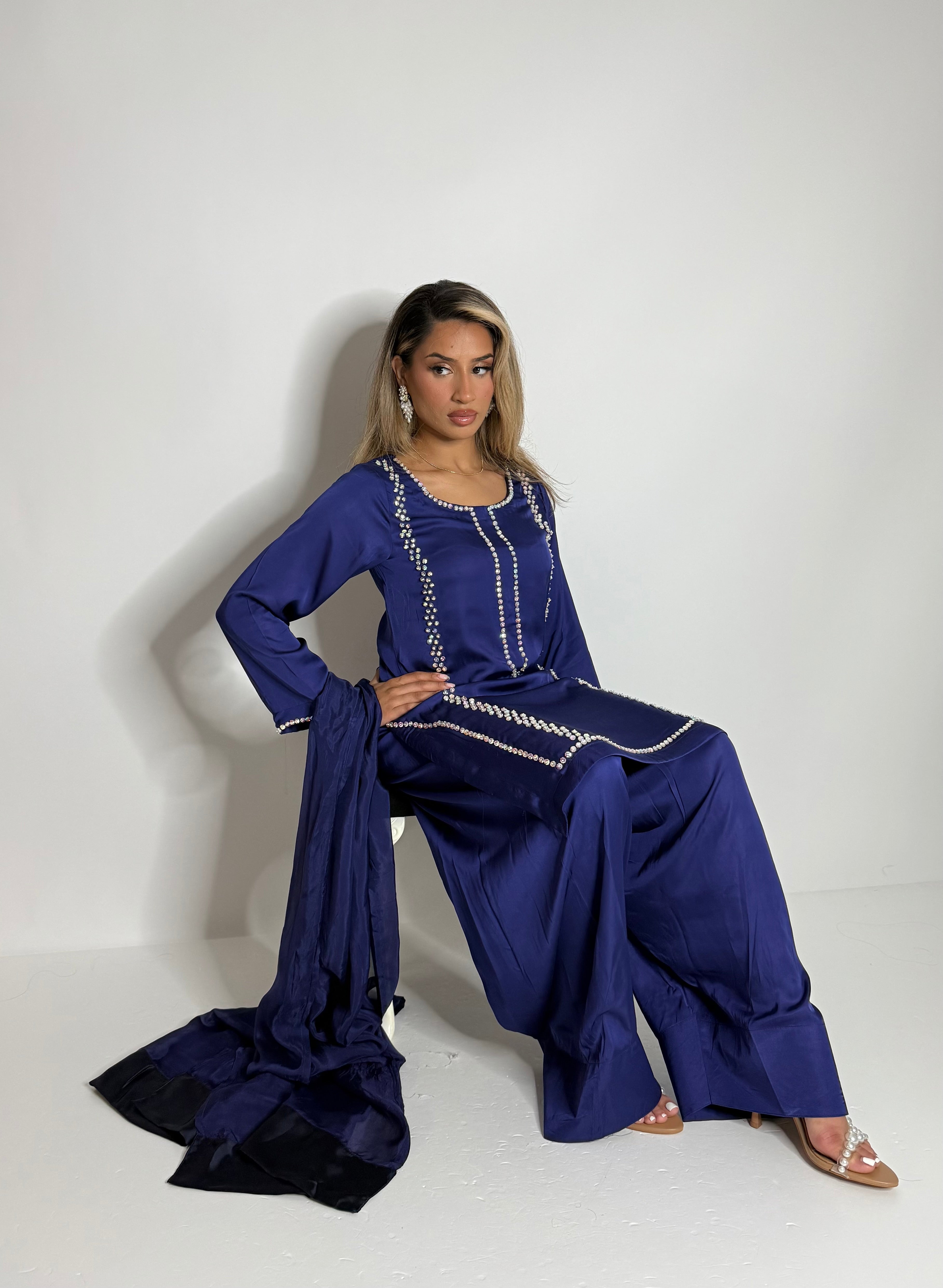 Royal blue silk farshi three piece suit UK