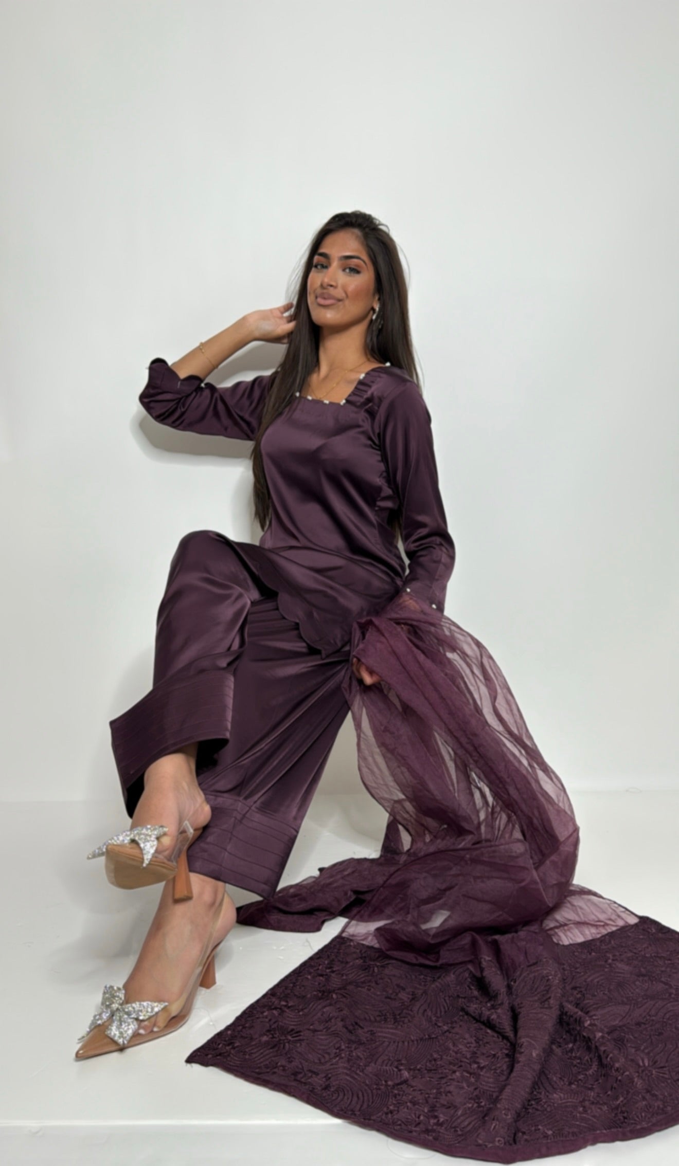 Front view of Veloura Plum silk Farshi kameez set with square pearl neckline.