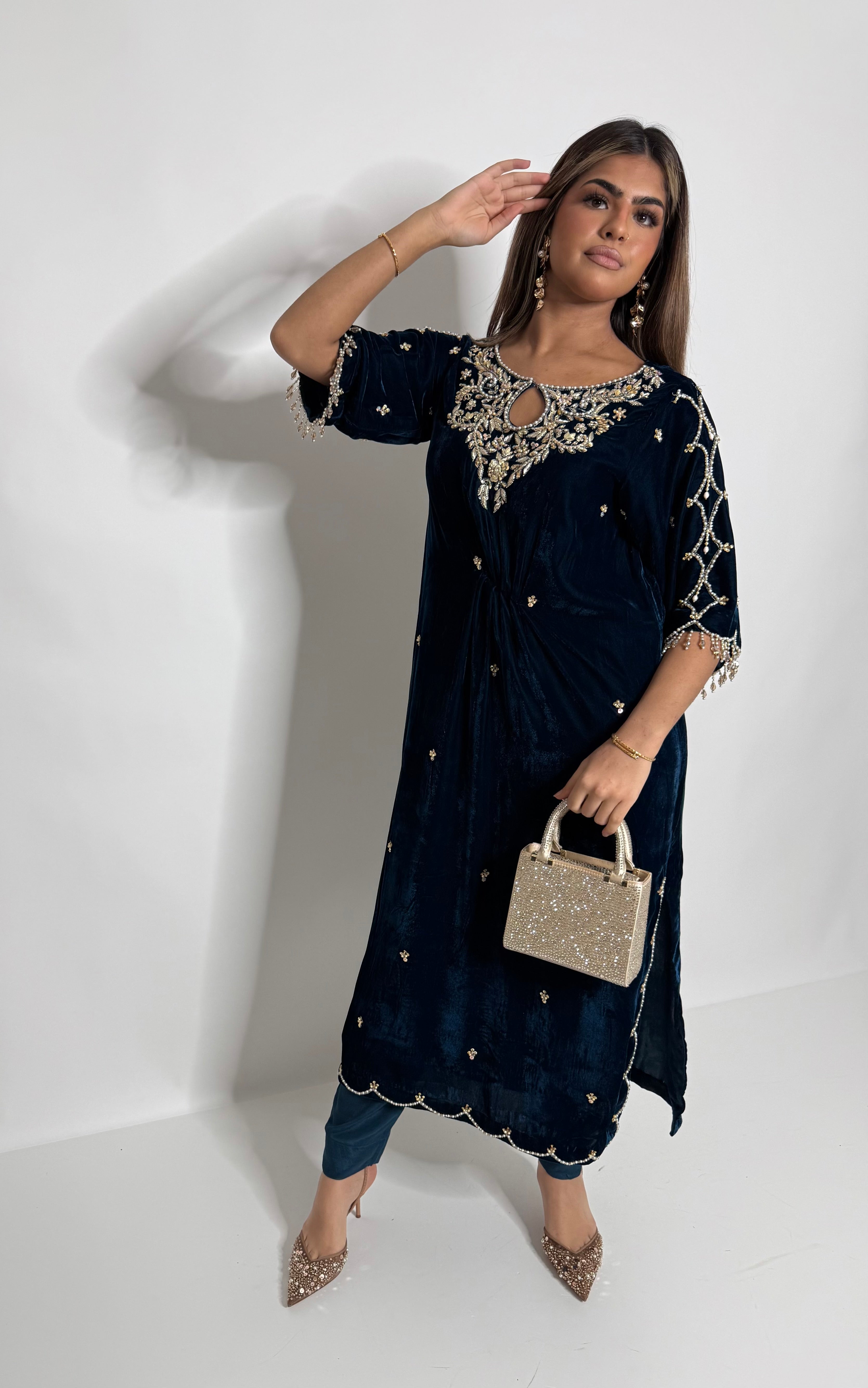 Ada work neckline detail on velvet kaftan