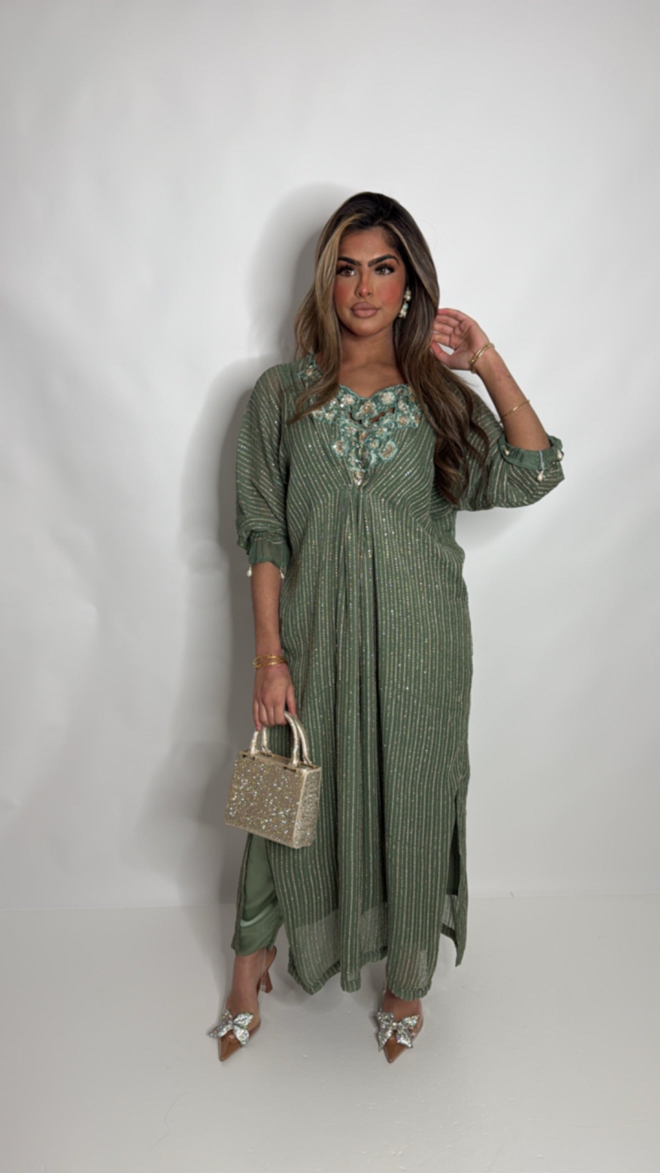 Chikankari chiffon kaftan styled for garden wedding and dawat events.