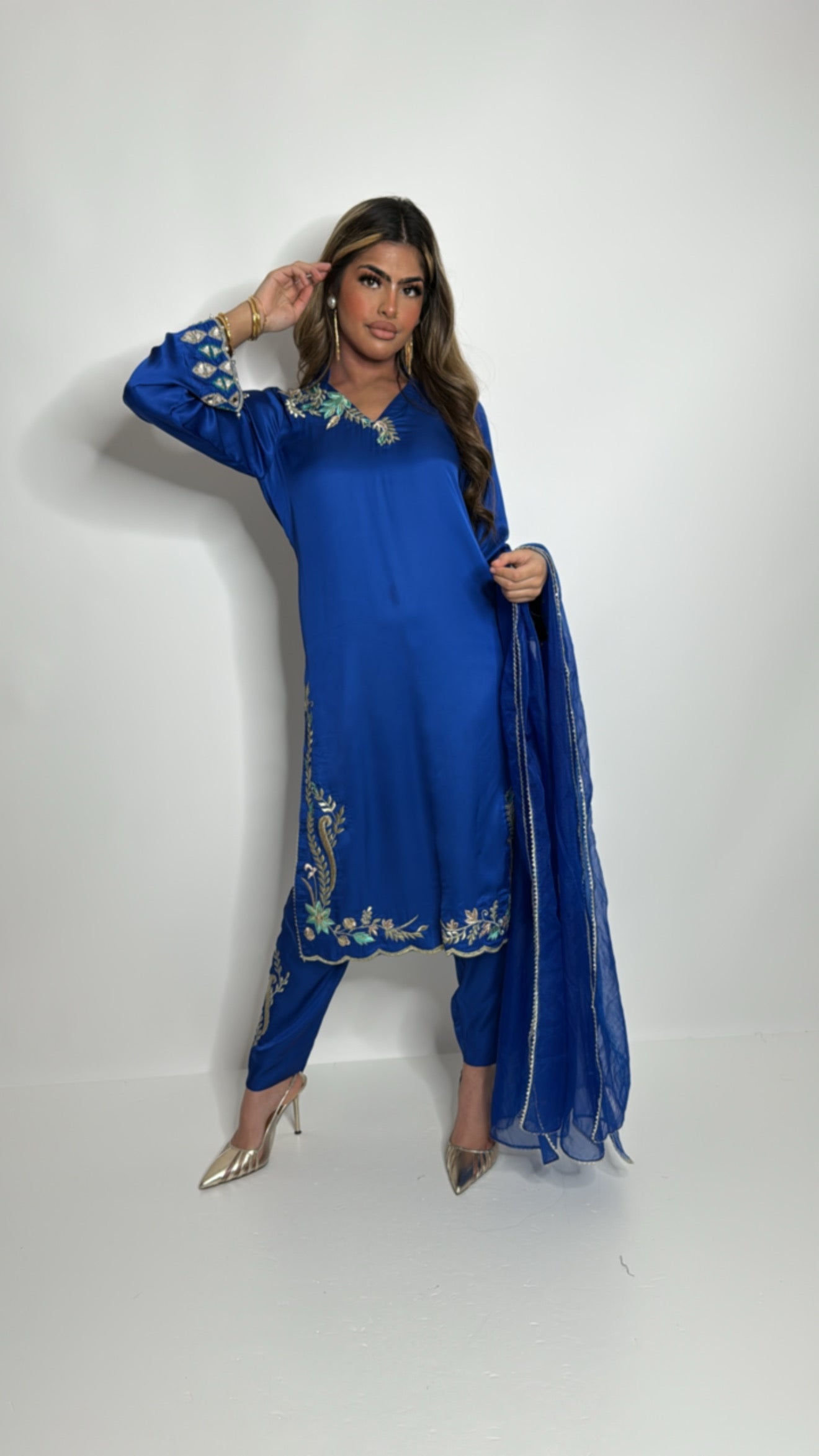 Blue silk kameez with organza dupatta UK