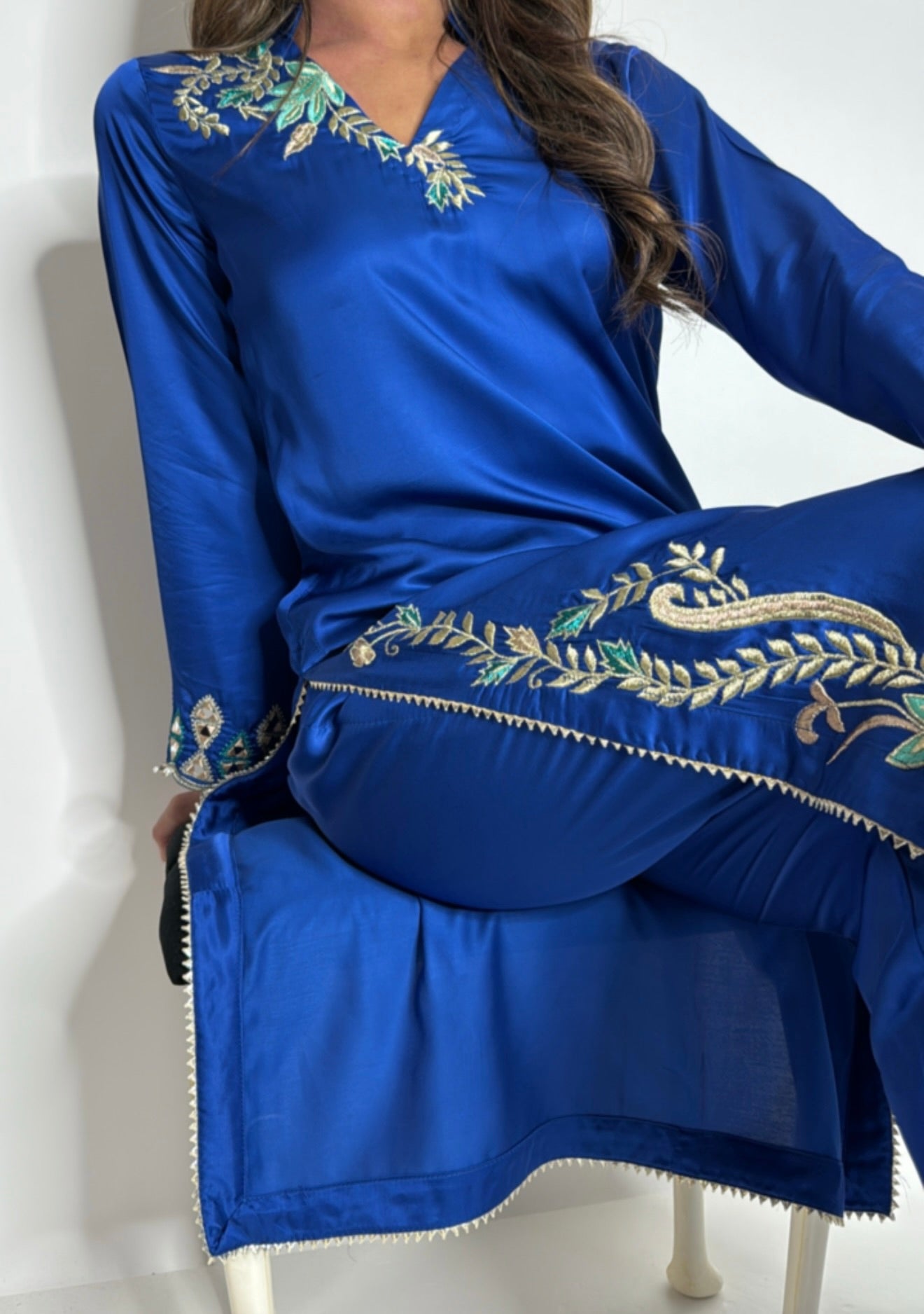 Royal blue silk kameez embroidered neckline detail
