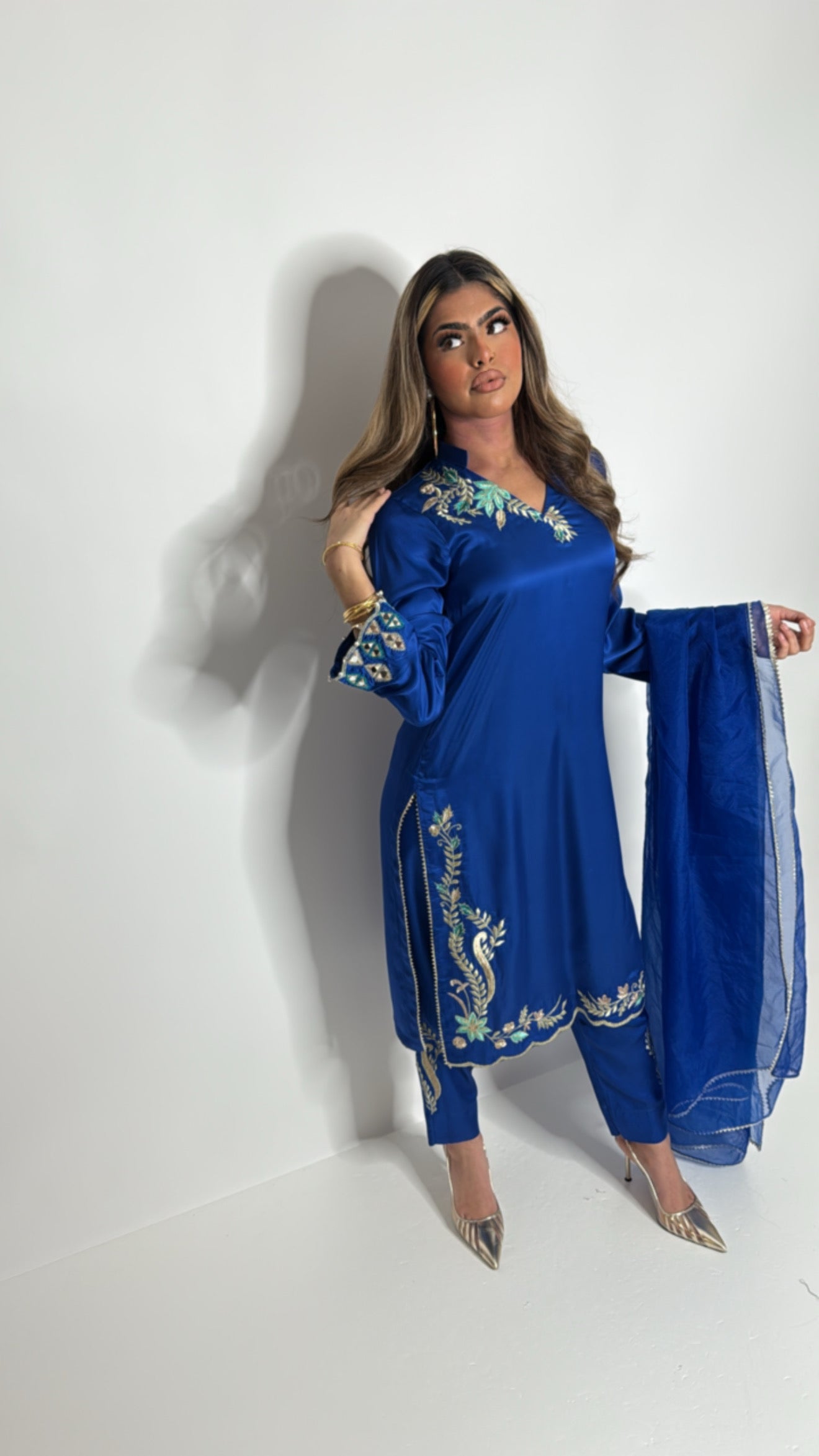 Blue silk kameez hand embroidered sleeve cuff detail
